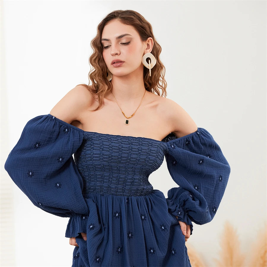Tasha Retro Embroidered Flowers Flowy Long Puff Sleeve Square Neck Smocked A-Line Dress