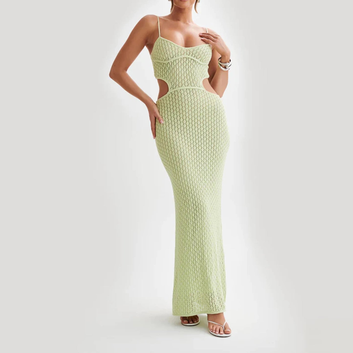 Cyndy Crochet Strap Knit Cut Out Backless See-Through Maxi Dress