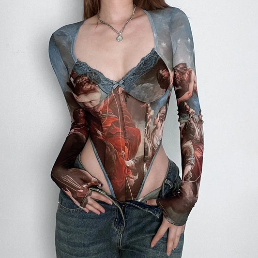 BC Square Neck Classic Mesh  Vintage Canvas Printed Lace Bow Brown High Waist Wrapping Bodysuit