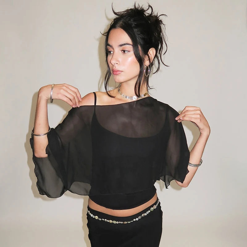 BC Set Camisole + Sexy Neckless Waistless Mesh Shoulder Slash Ruffled Top