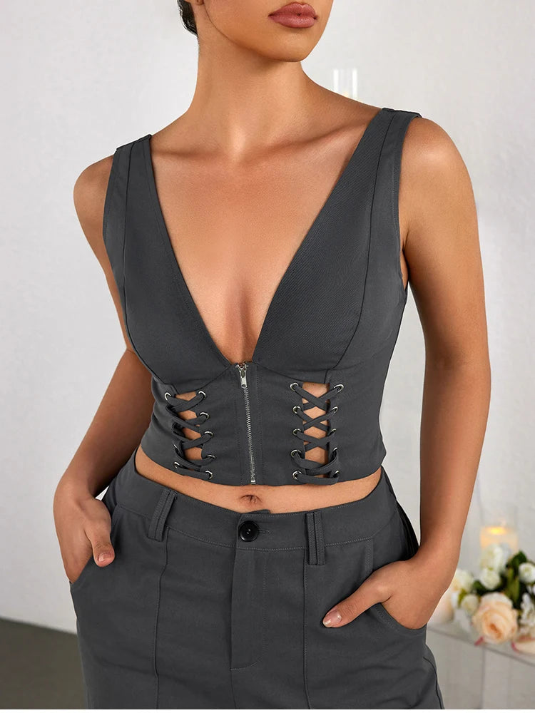 Odile Sleeveless Cut Out V Neck Crop Tank Top Backless Double Layer