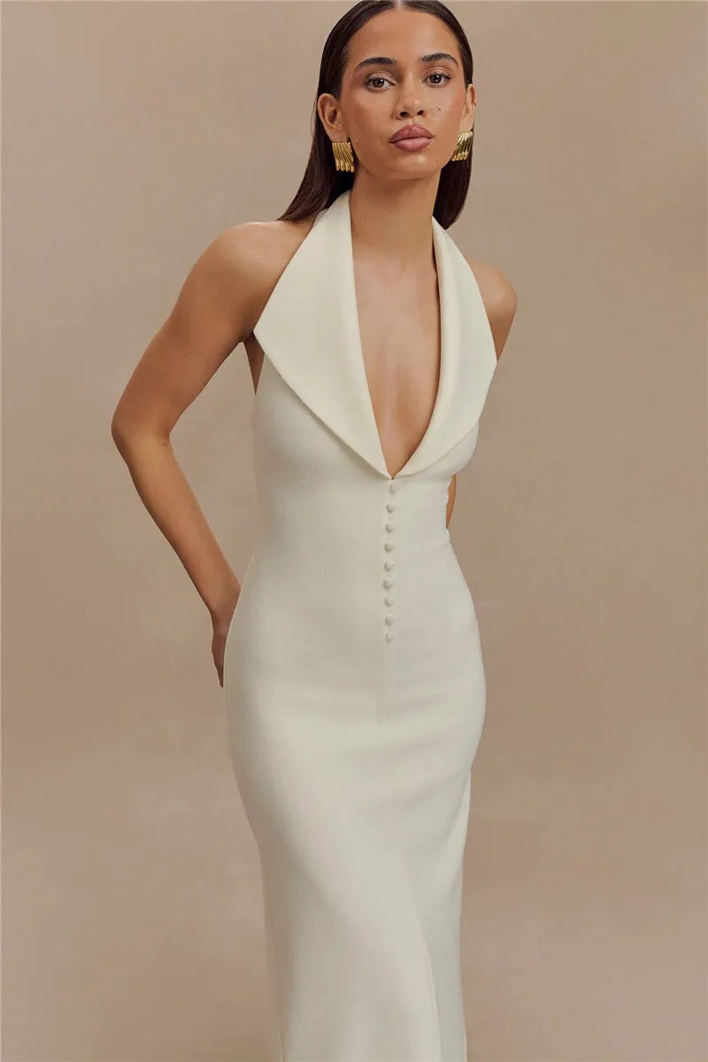 MUA Halter Deep V Neck Sleeveless Elegant Backless Tank Maxi Dress