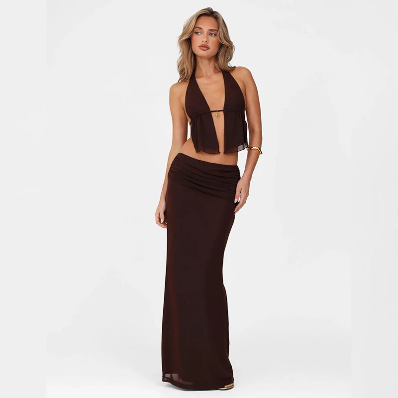 Lili Vintage Sets Off Shoulder Backless Sleeveless Halter Top With Slim Long Skirt