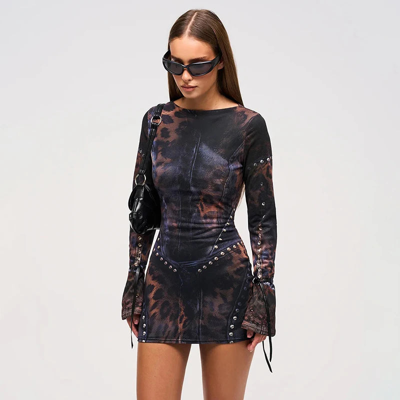 Sassy Y2K Leopard Print Flared Long-Sleeved Short Dress