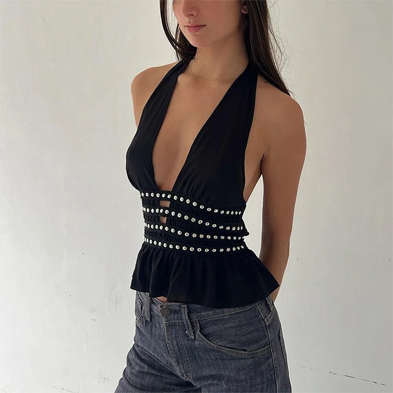 Taylor Studded Up Deep V Neck Backless Crop Top