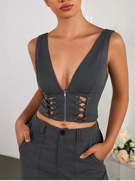 Odile Sleeveless Cut Out V Neck Crop Tank Top Backless Double Layer