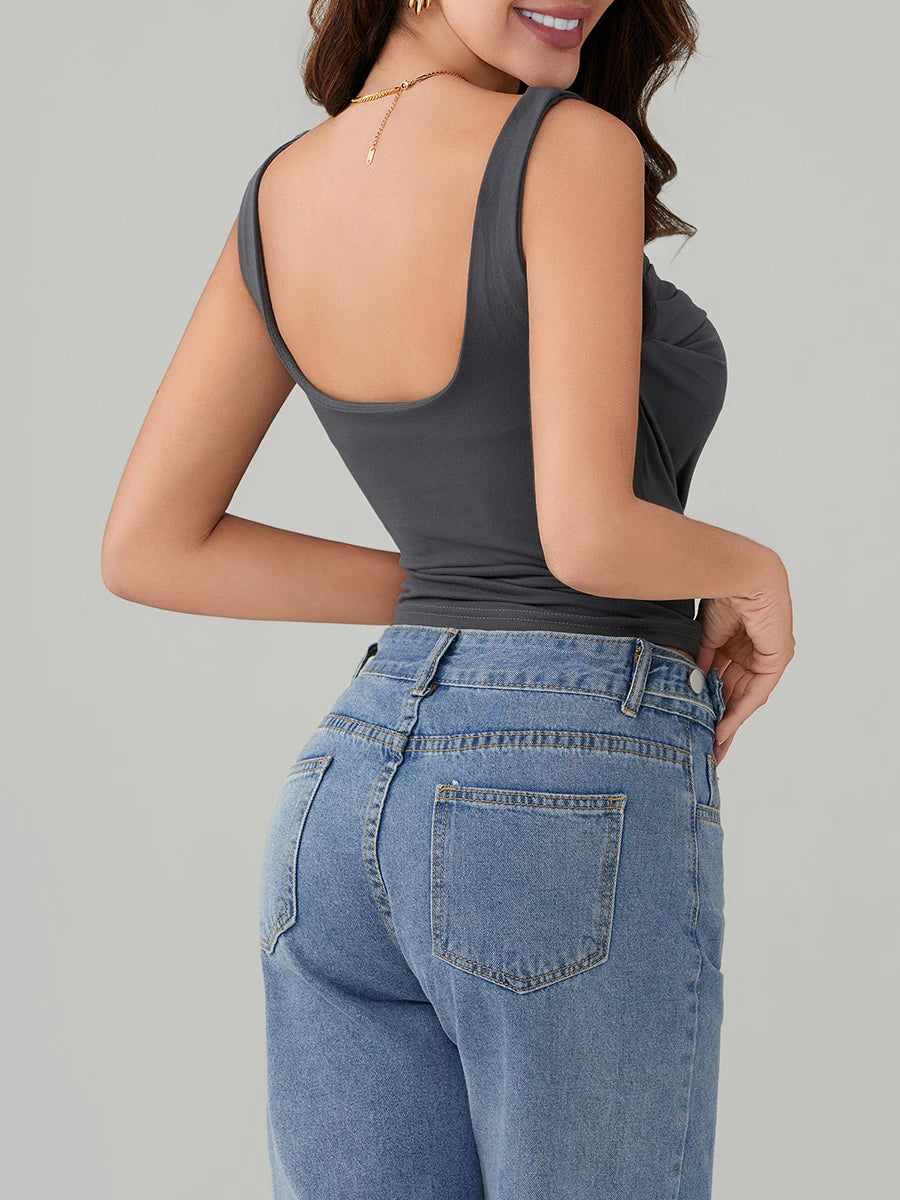 BG Tank Tops Backless Sleeveless Ruched Square Neck Slip Crop Tops