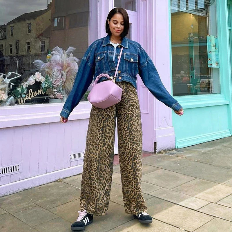 Cassy Leopard Print Trouser Wide Leg High Waist Button Zipper Pocket Pants