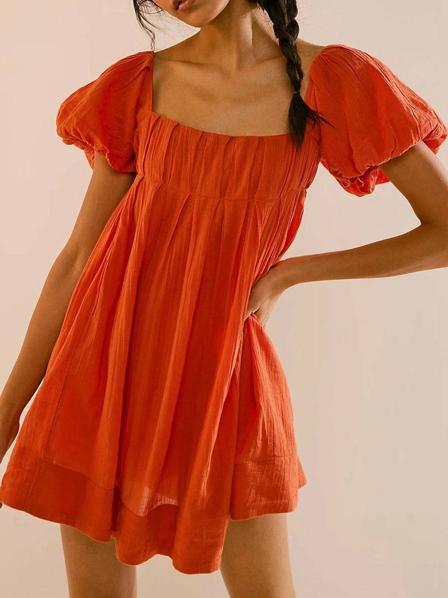 Barb Y2k Puff Sleeve Short Dress Square Neck Tie Back Mini Dress