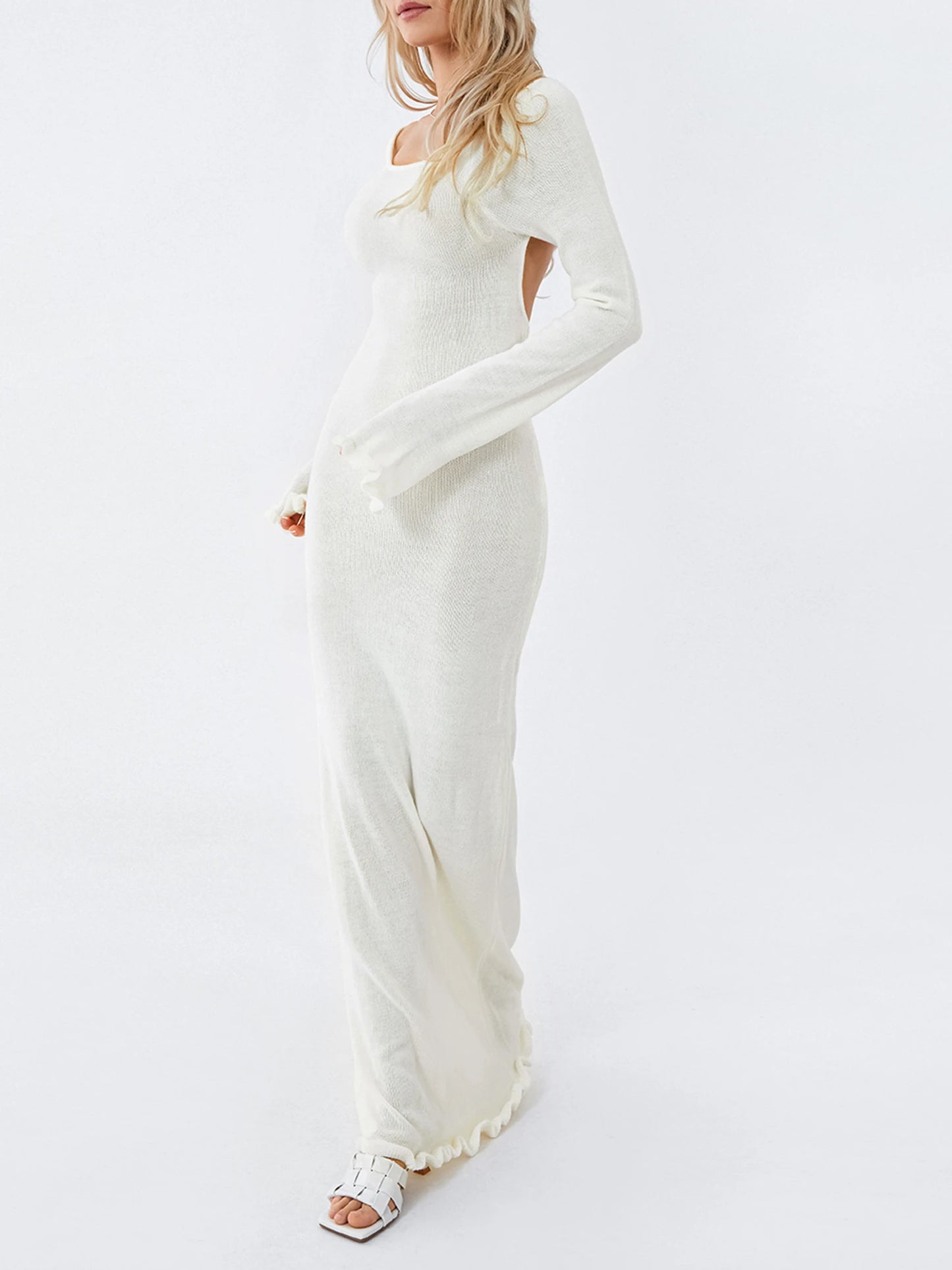 WS Knitted Long Sleeve Backless Bandage Wrap Dress