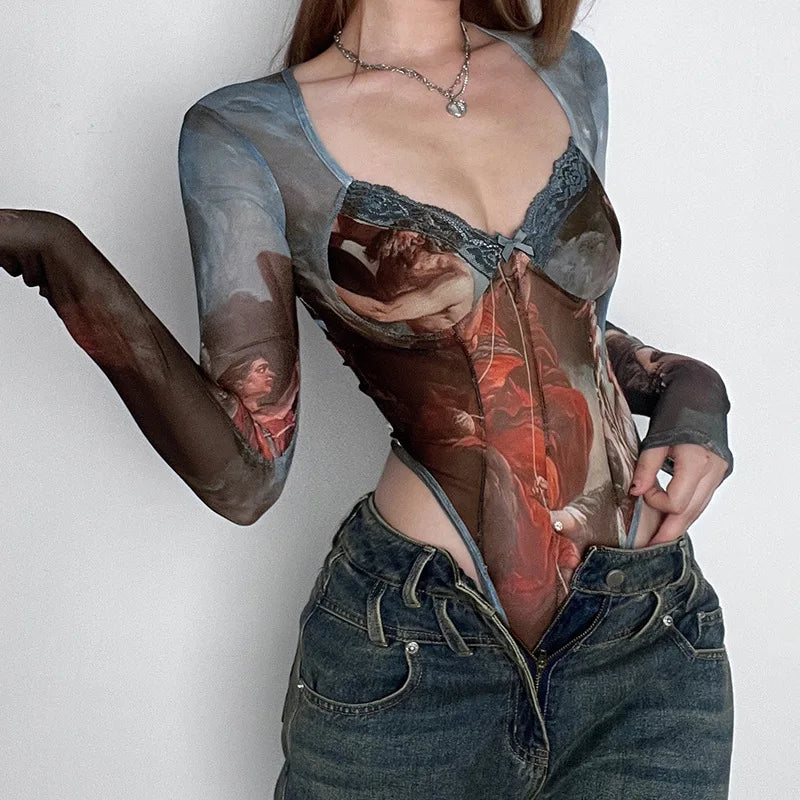 BC Square Neck Classic Mesh  Vintage Canvas Printed Lace Bow Brown High Waist Wrapping Bodysuit