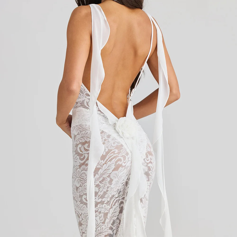Aris Sleeveless Lace Print Backless Dress