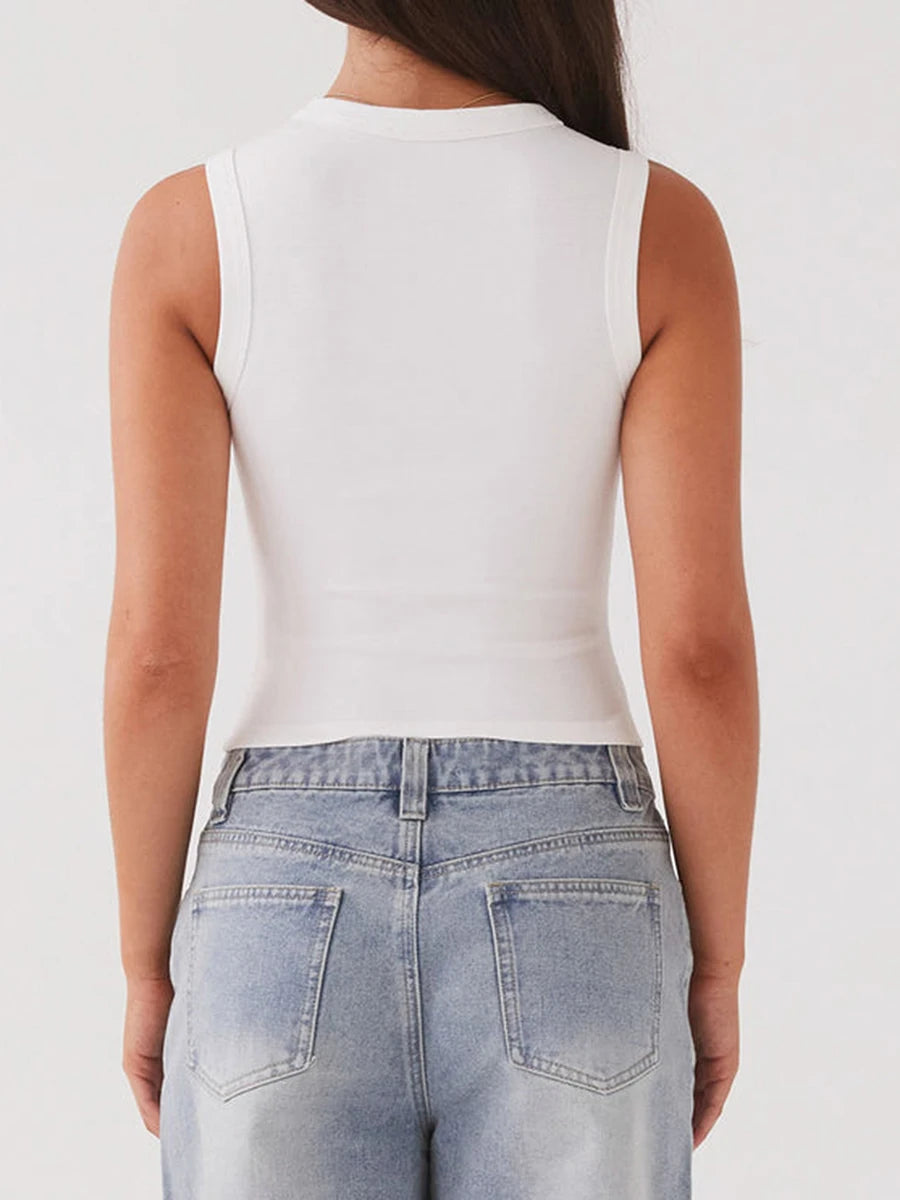 Vintage Ribbed Button Tank Tops Sleeveless Aesthetic Crop Top