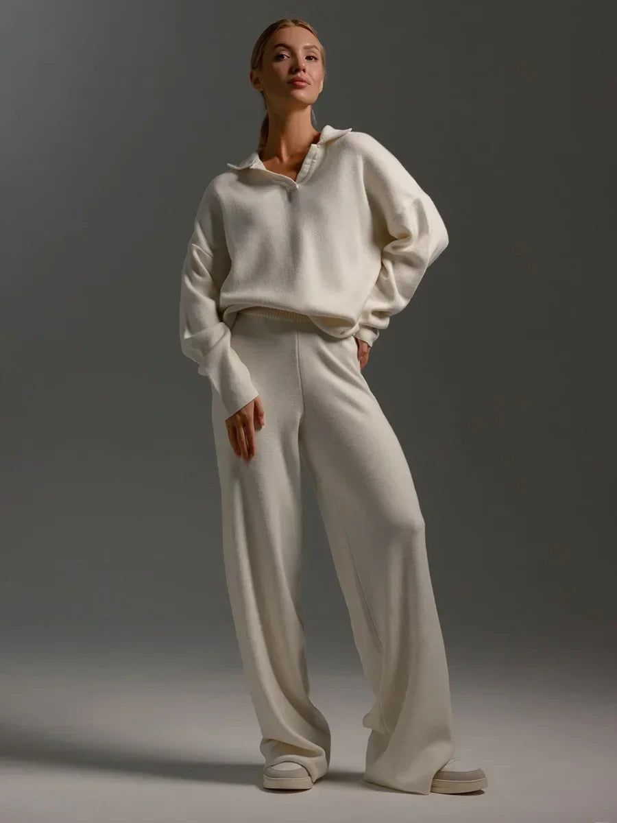 Bony Knitted Suits Soft Sets Polo Neck Sweater & Wide Leg Pants