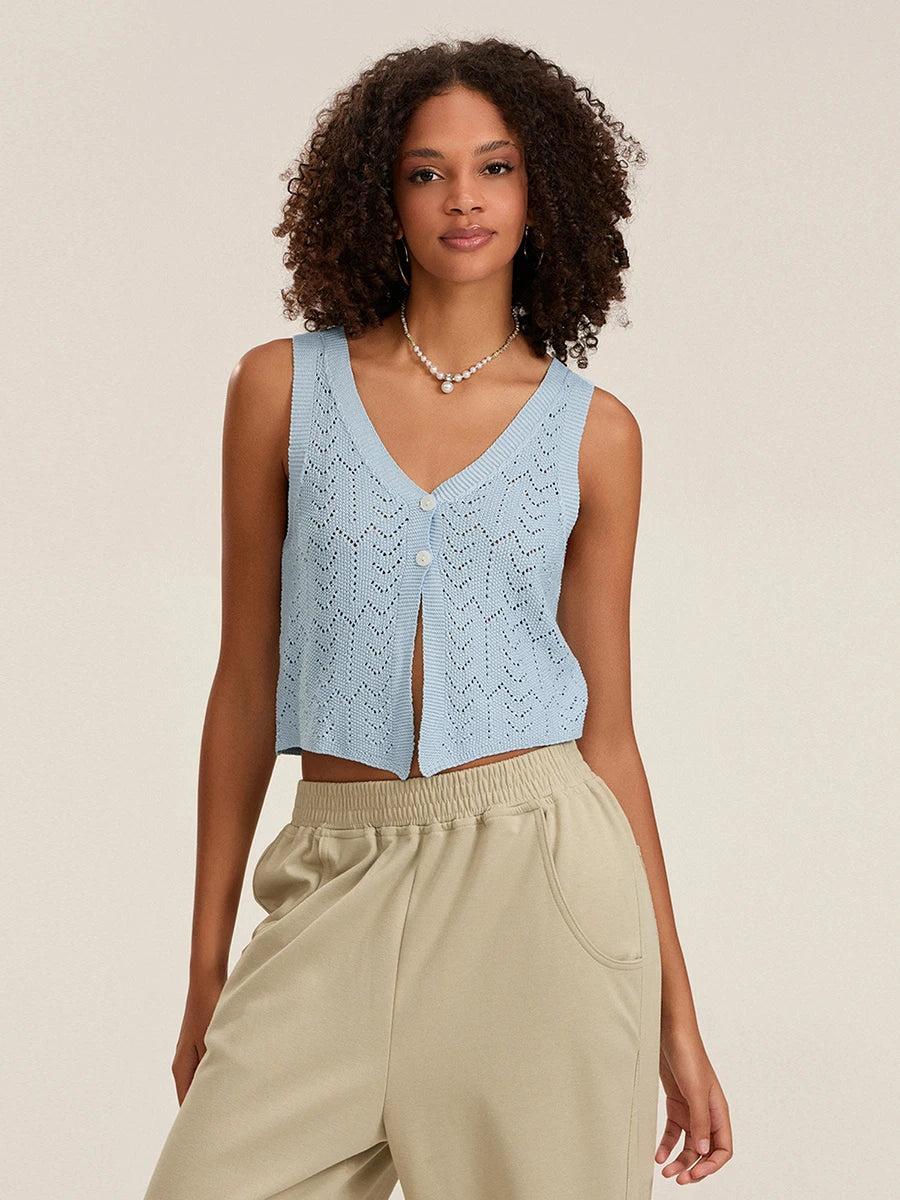 BG Summer Knitted Cutout Crop Tank Tops Sleeveless Button Sweater