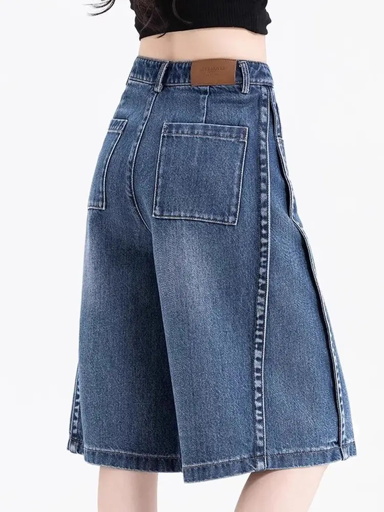 Kimich High Waist Five-Quarter Thin Denim Wide Leg