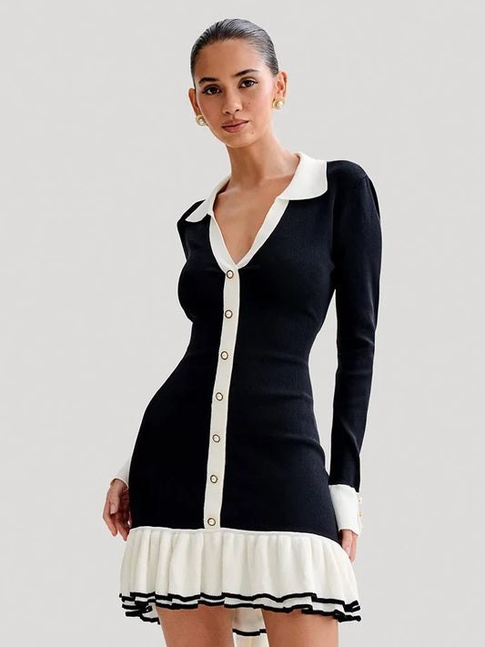 Trea Ruffled Bow Knit Backless Contrast Cardigan Lace-Up Bandage Dress