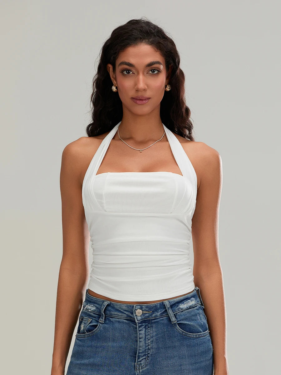 BG Backless Halter Neck Crop Tank Tops Sleeveless Ruched
