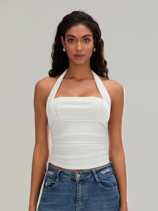 BG Backless Halter Neck Crop Tank Tops Sleeveless Ruched