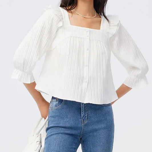 Jada BG Lace Square Collar Puff Sleeves Ruffles