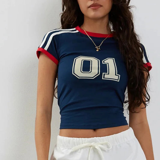 Letter Crop Top Tee Vintage Casual Short Sleeve Y2k