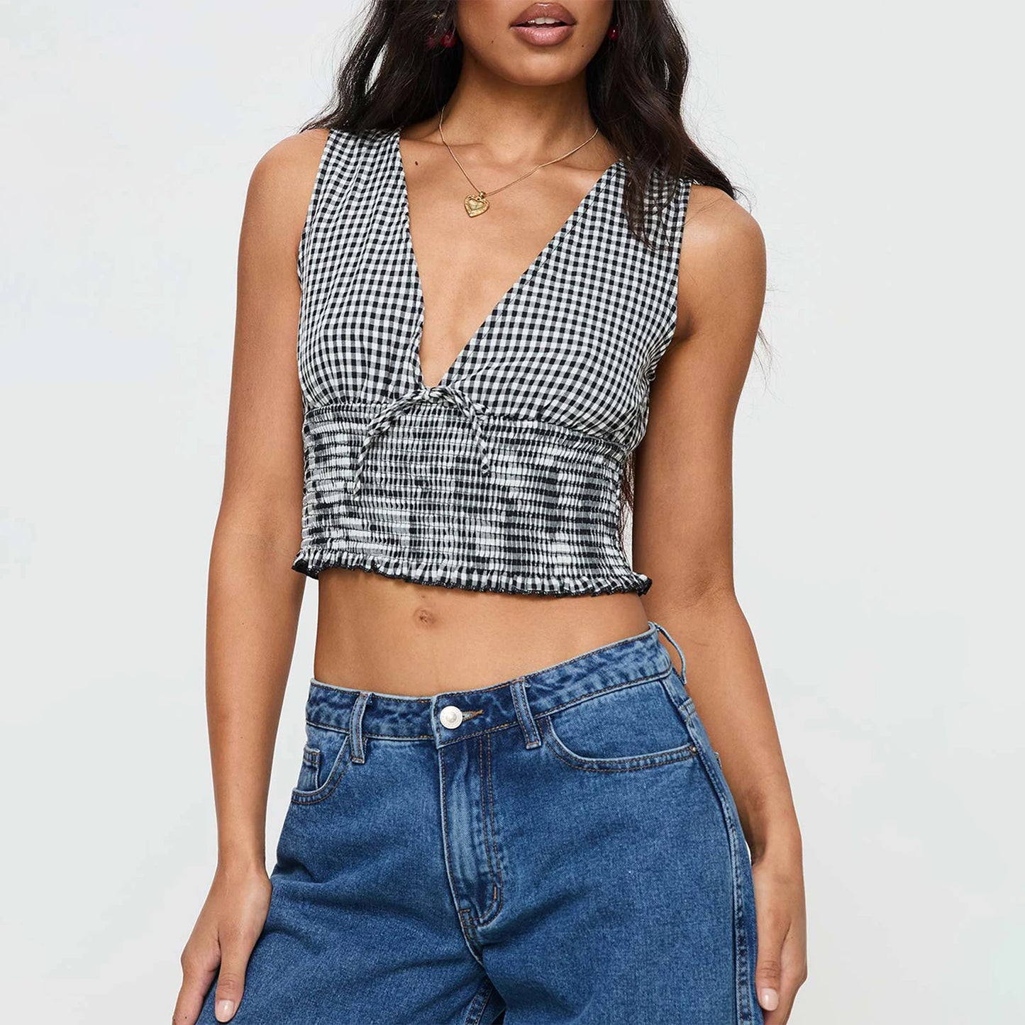 Hira Y2k Gingham Sleeveless V Neck Tank Tops Vintage Plaid Bow Tie Top