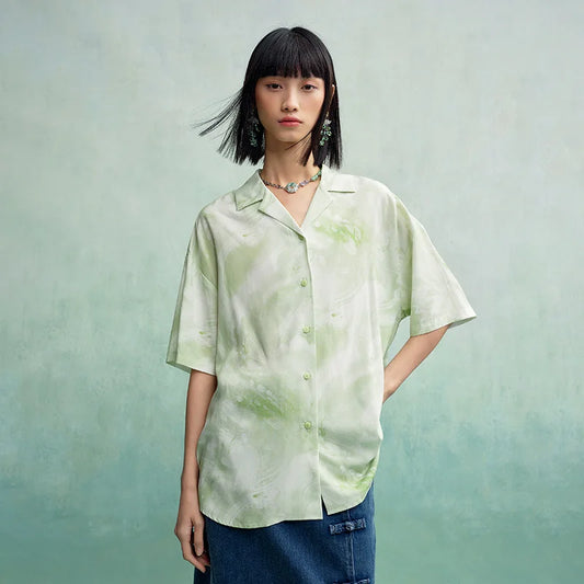 Short Sleeve Shirt Mid-length Loose Cuban Collar Full-print Blouse