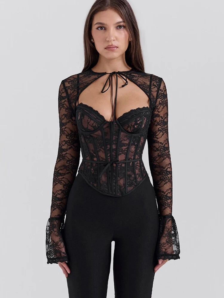 JULI MO See Through Lace Two Piece Sets Tops Long Sleeve
