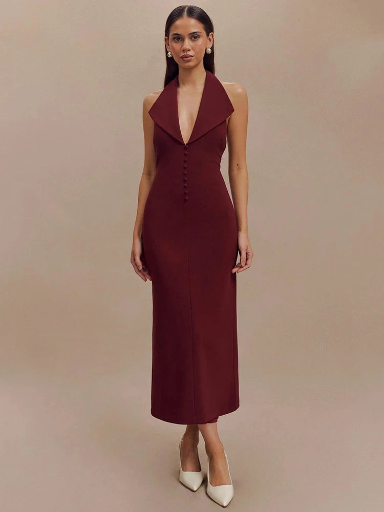 MUA Halter Deep V Neck Sleeveless Elegant Backless Tank Maxi Dress