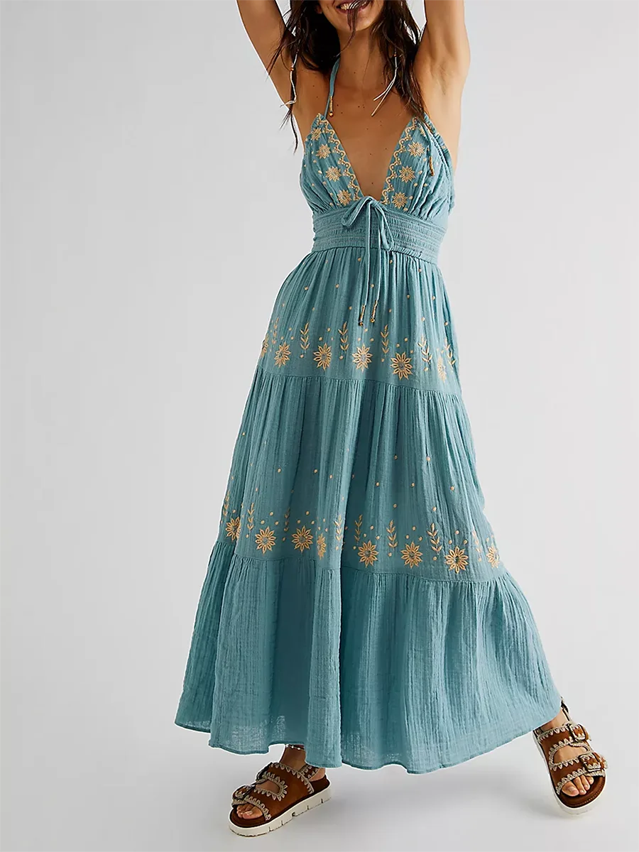 BC Flower Embroidery Tie-Up Halter Neck Sleeveless Backless A-line Dress