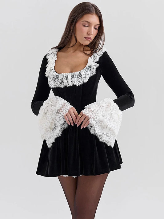 MUA Lace Flare Long Sleeve Square Collar High Waist Pleated Mini Dress Elegant