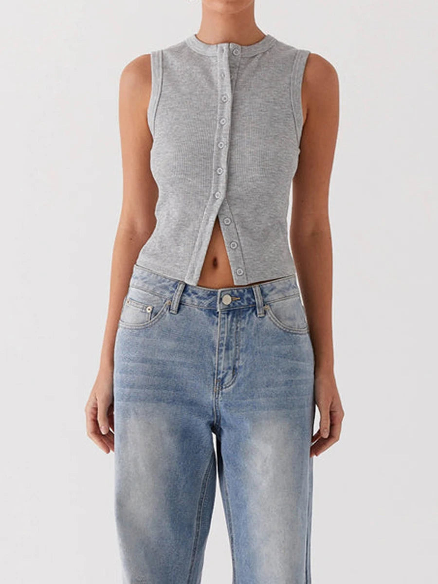 Vintage Ribbed Button Tank Tops Sleeveless Aesthetic Crop Top