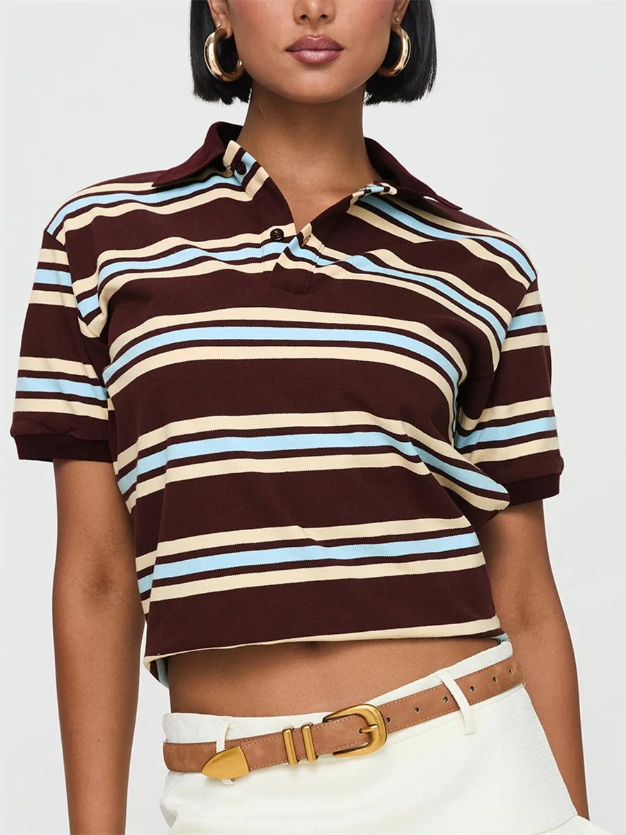 Bia Casual Striped Print Lapel Short Sleeve T-shirt