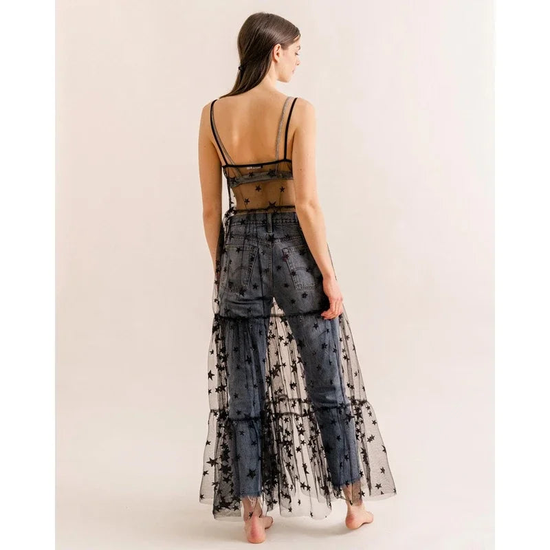 Hasaki Summer Mesh Sheer Bikini Cover Ups Tulle Spaghetti Straps See-through Maxi Dress