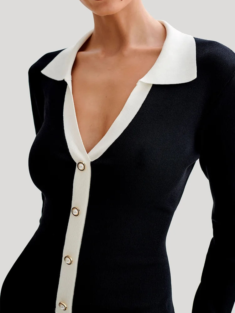 Trea Ruffled Bow Knit Backless Contrast Cardigan Lace-Up Bandage Dress