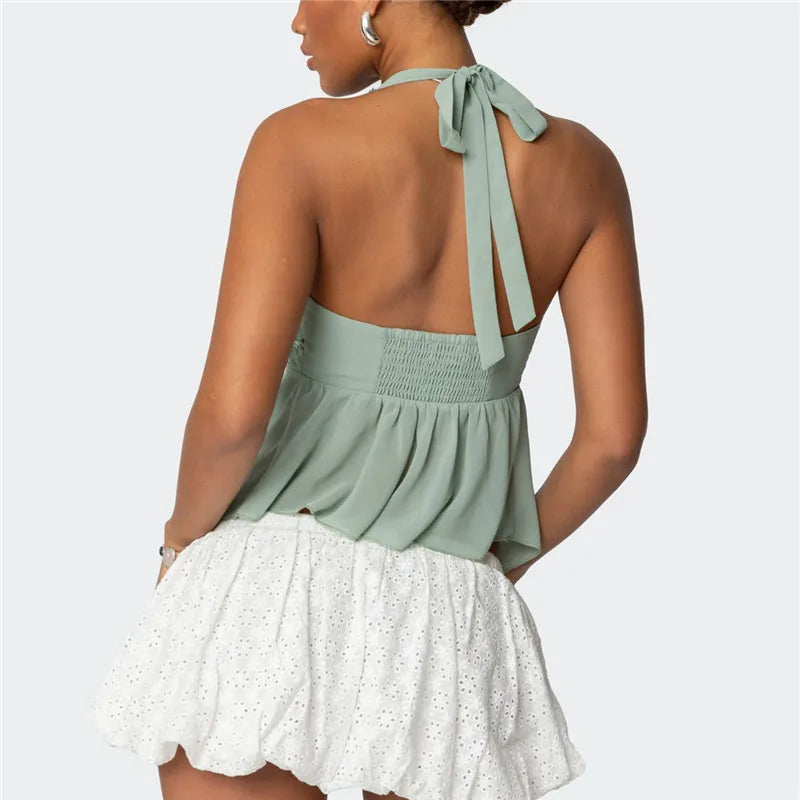 Hira Sequin Halter Mesh Sleeveless Backless Split Tops