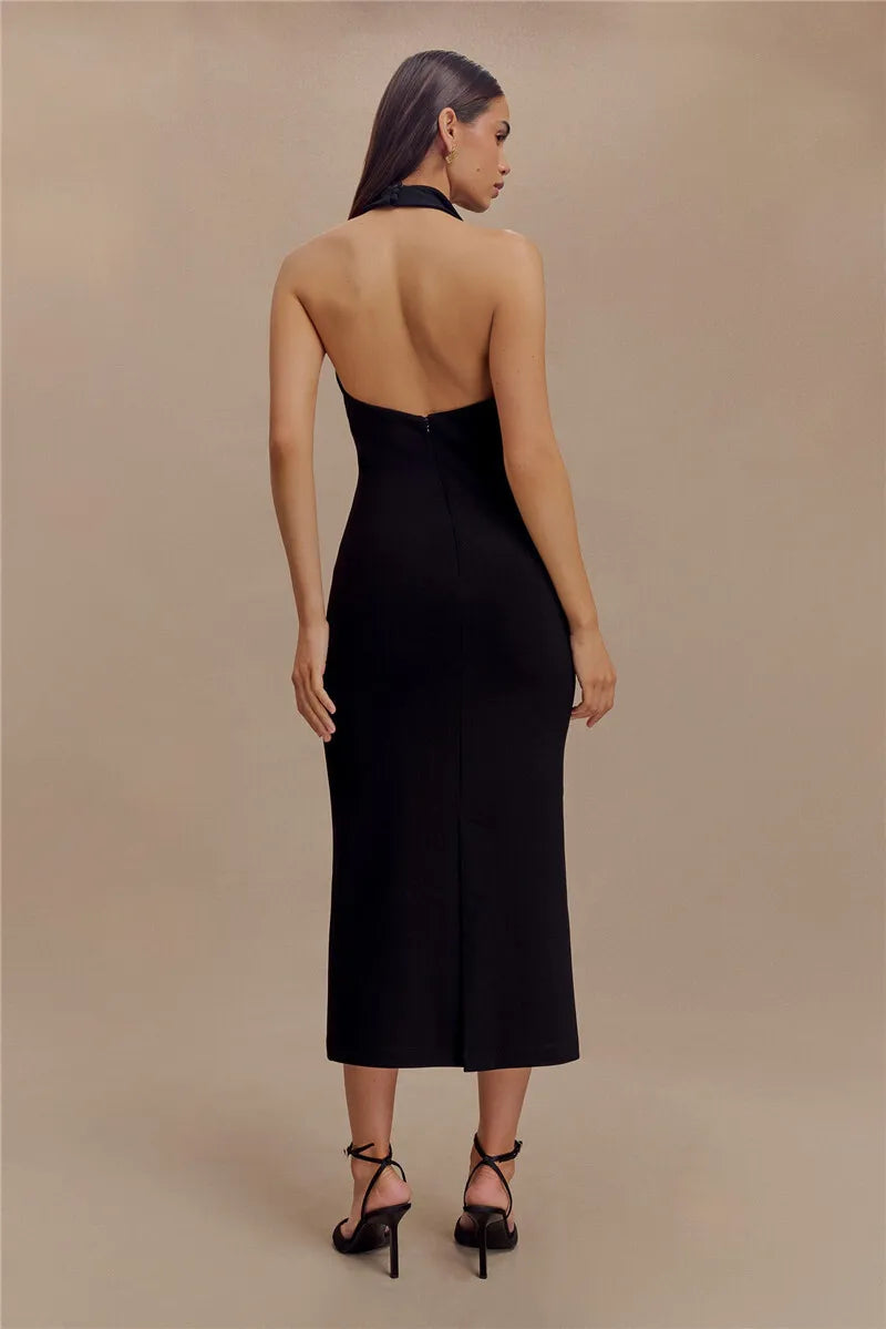 MUA Halter Deep V Neck Sleeveless Elegant Backless Tank Maxi Dress