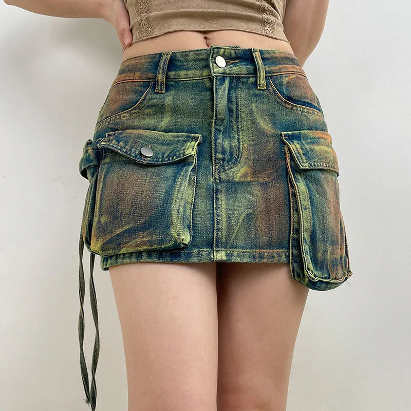 Denim High Waist Asymmetrical Pockets Skirt