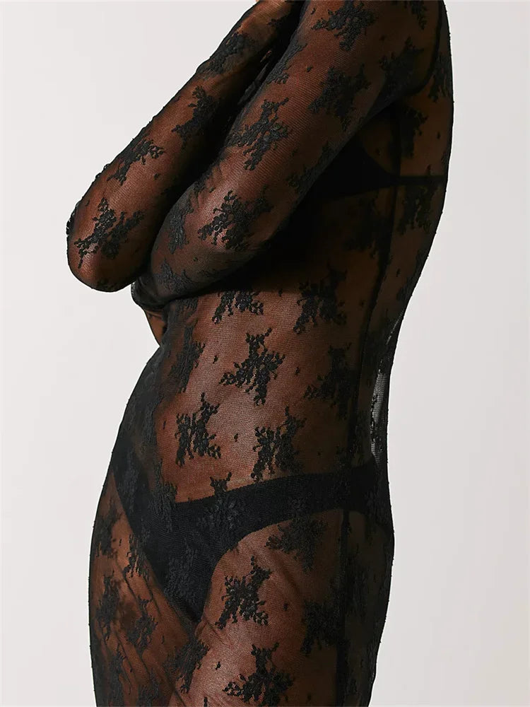BC See Through Lace Long Sleeve High Slit Dress