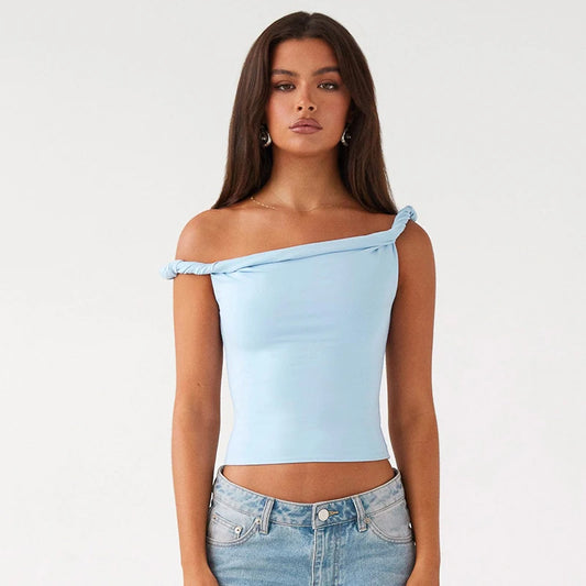 Nova 2024 Sleeveless Slash Collar Top Ruched Casual Off Shoulder Twist Pullover