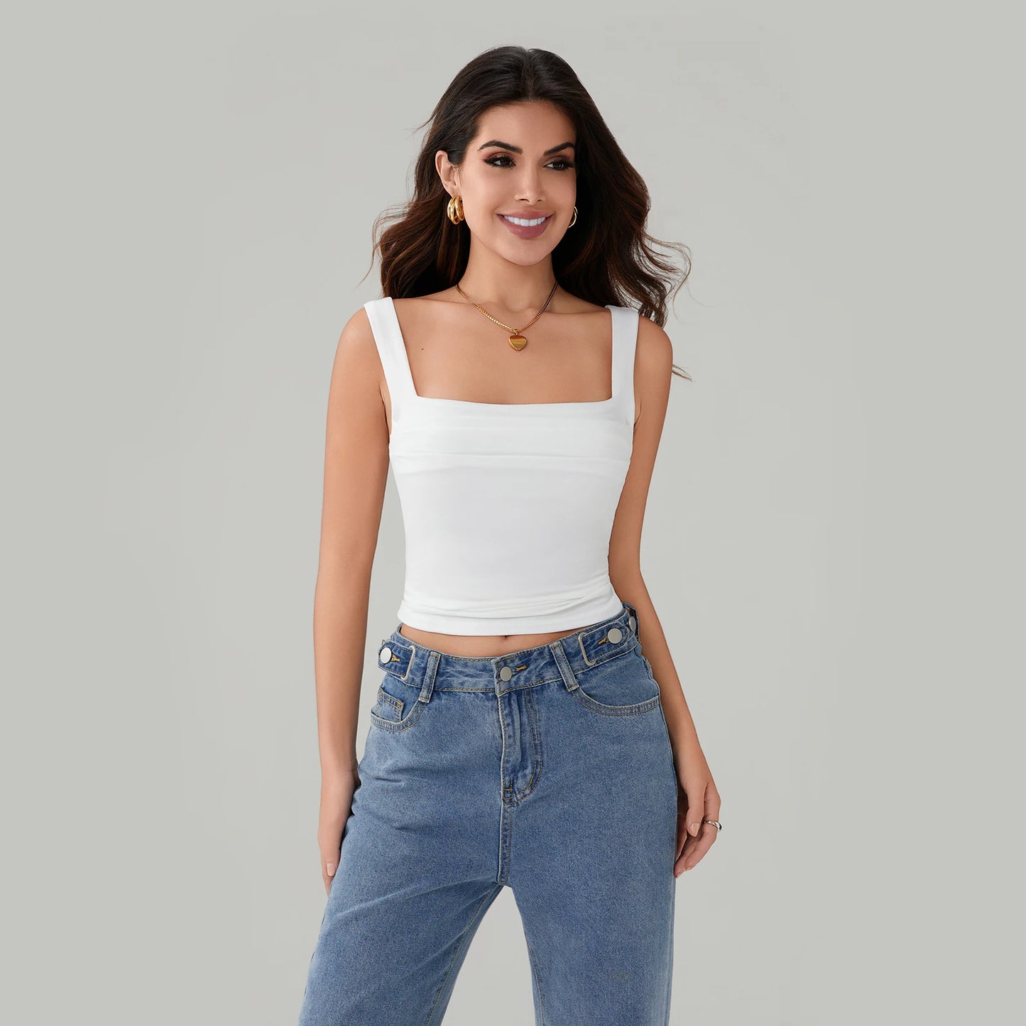 BG Tank Tops Backless Sleeveless Ruched Square Neck Slip Crop Tops