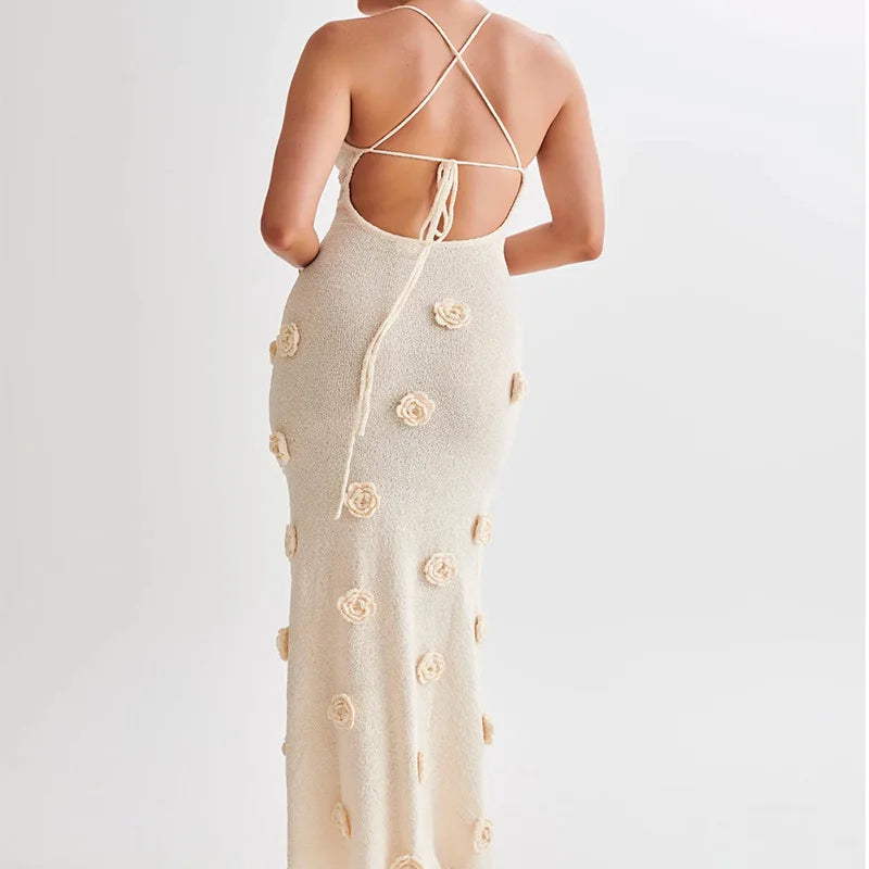 3D Flower Knitted Sling Long Dress Deep V-neck Backless Sleeveless Lace Up