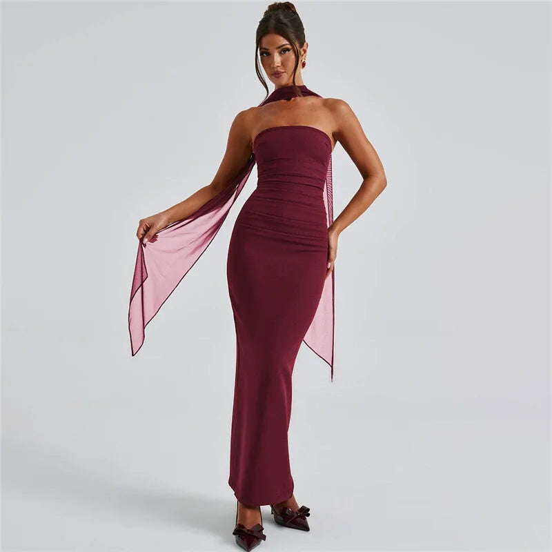MUA Strapless Backless Maxi Dress Burgundy Mesh Sleeve Off-shoulder Long Dress