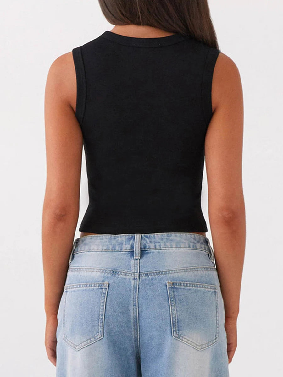 Vintage Ribbed Button Tank Tops Sleeveless Aesthetic Crop Top