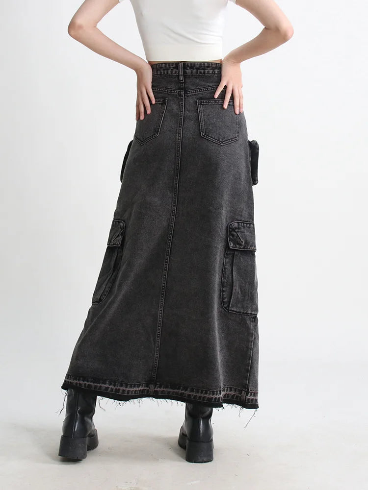 Denim High Waist Patchwork Pocket Skirt