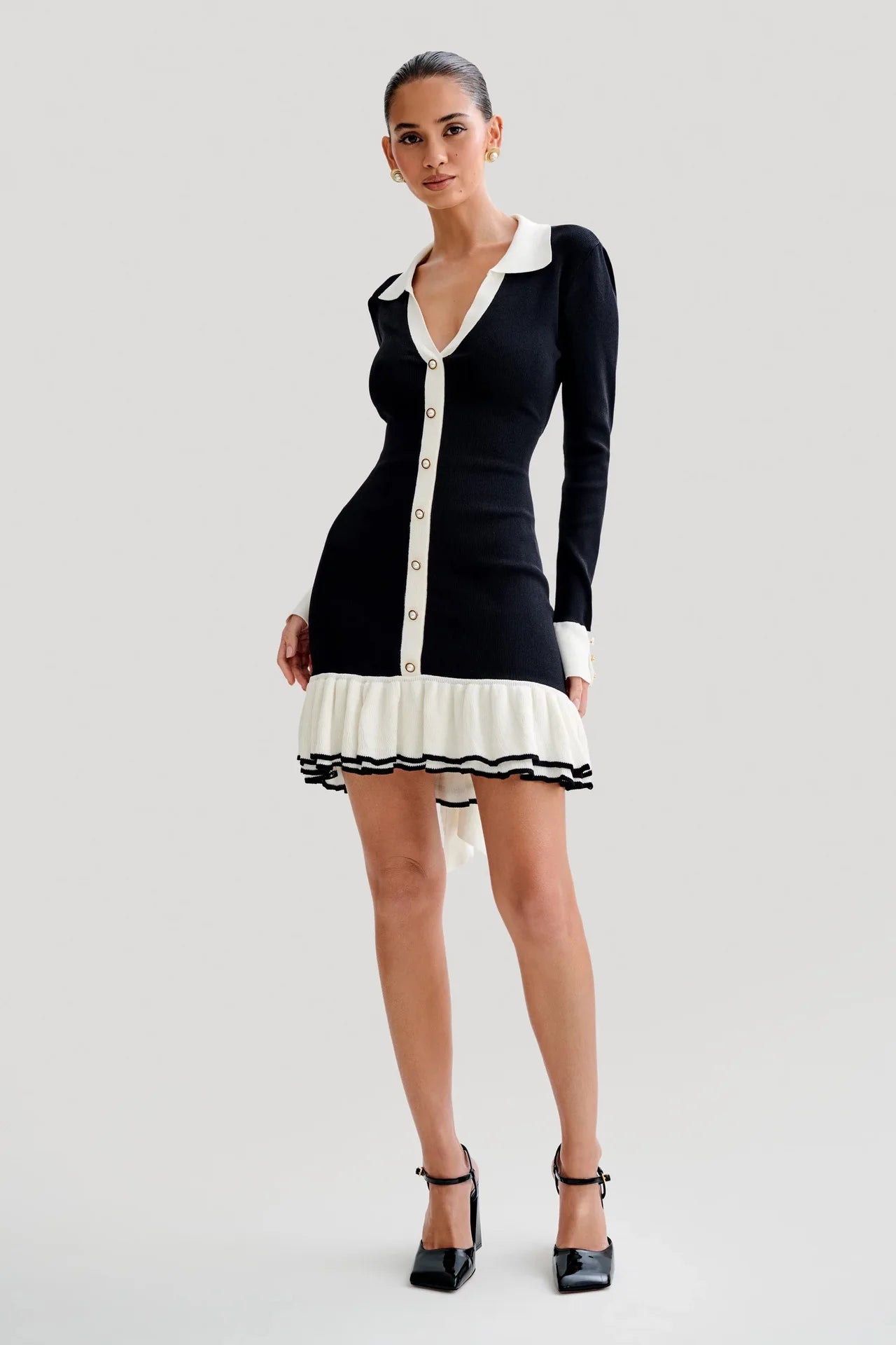 Trea Ruffled Bow Knit Backless Contrast Cardigan Lace-Up Bandage Dress