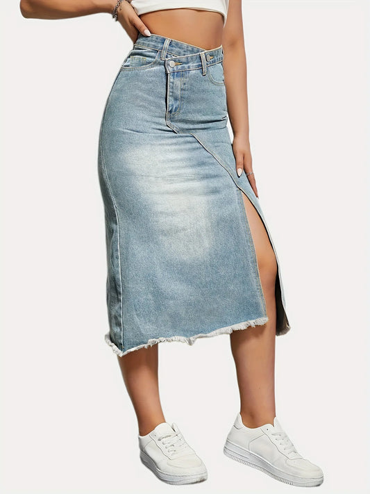 Blue High Waist Skirts Denim Long Faded Slit Maxi Skirt