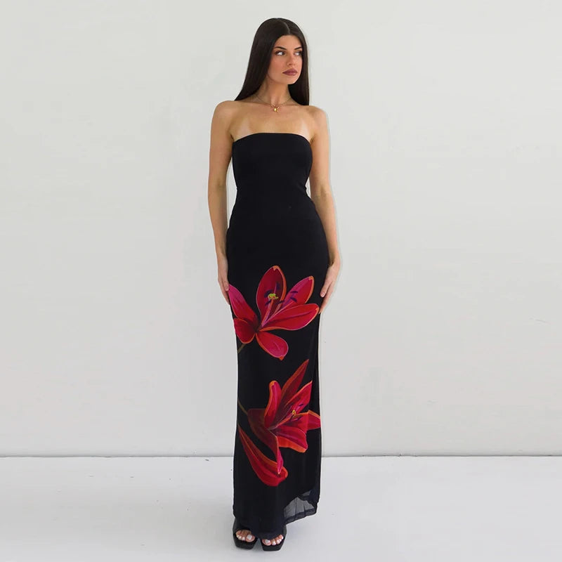 Lygns Strapless Mesh BC Backless Print Lace Up