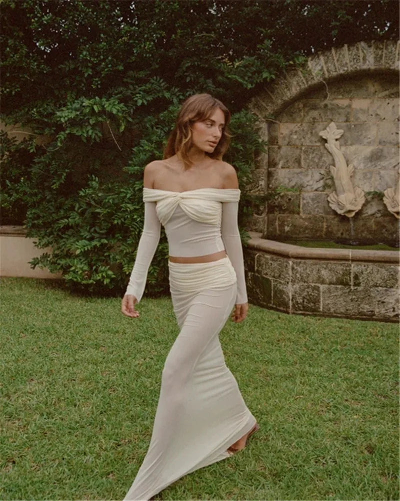 BR Off-shoulder Sheer Long Sleeve Crop Top And Long Skirt Set