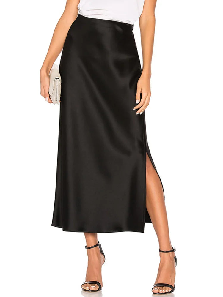 Long Satin Skirt For Women Summer High Quality Skirt With Slit On The Side Silk Elegant Black Maxi Luxury Women's Skirts 2024